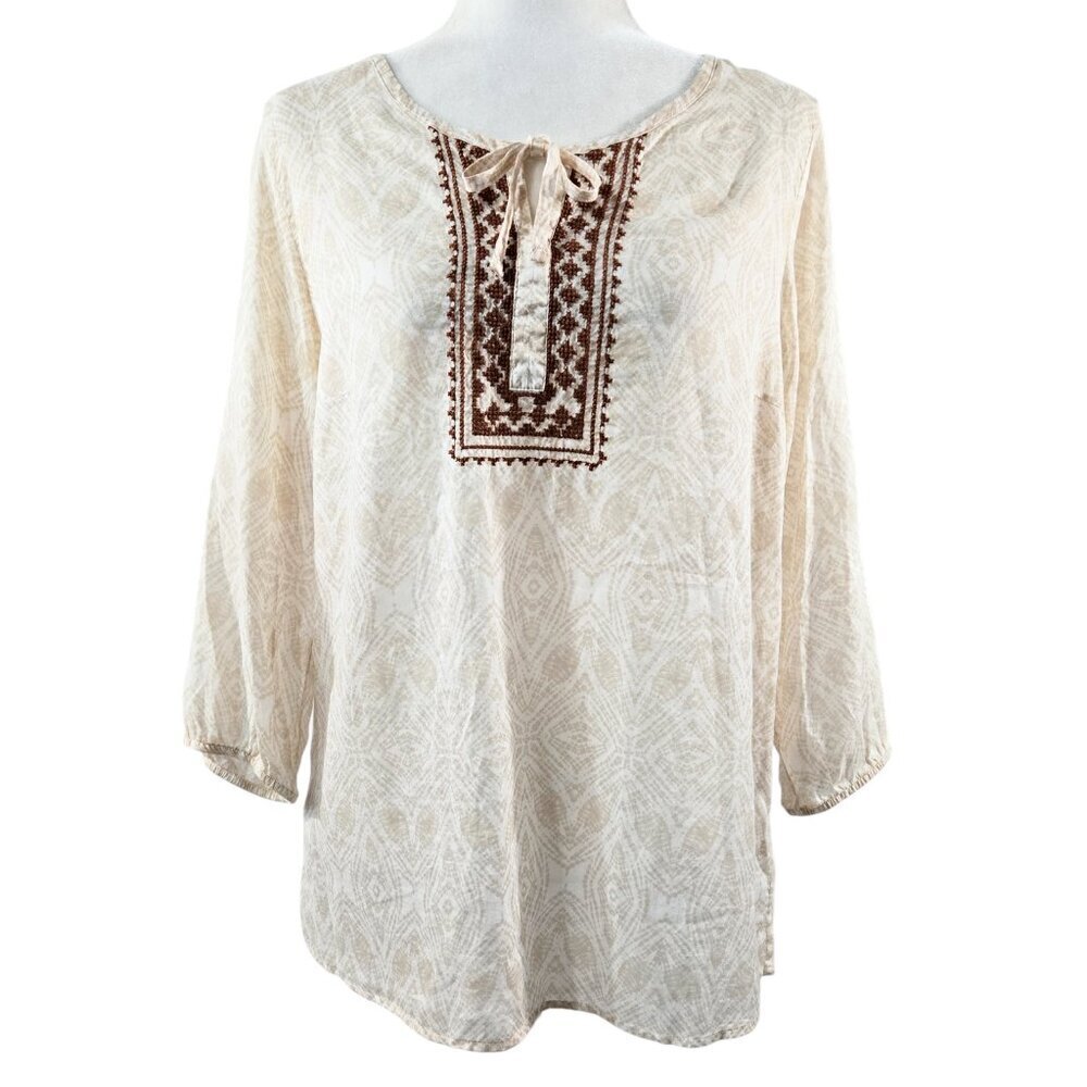 Eddie Bauer NWT 100% Cotton Tan Embroidered Tie Neck Tunic Boho Earthy